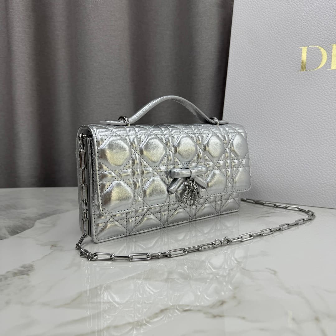 My Dior Mini Bag Metallic Pale Silver Cannage Lambskin With Leather Bow High