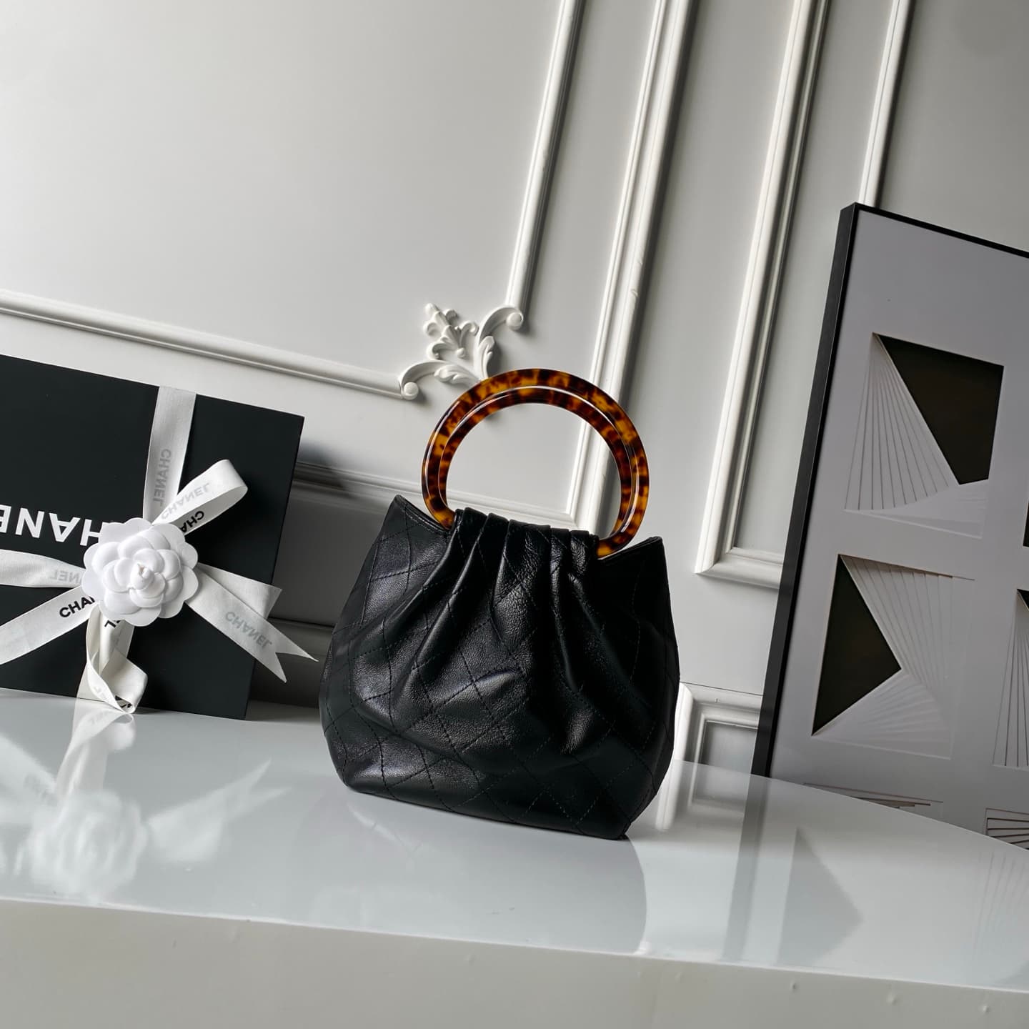 Chanel Small Hobo Bag Lambskin-Shell Effect Plexi & Gold-Tone Metal Black AS6022 High