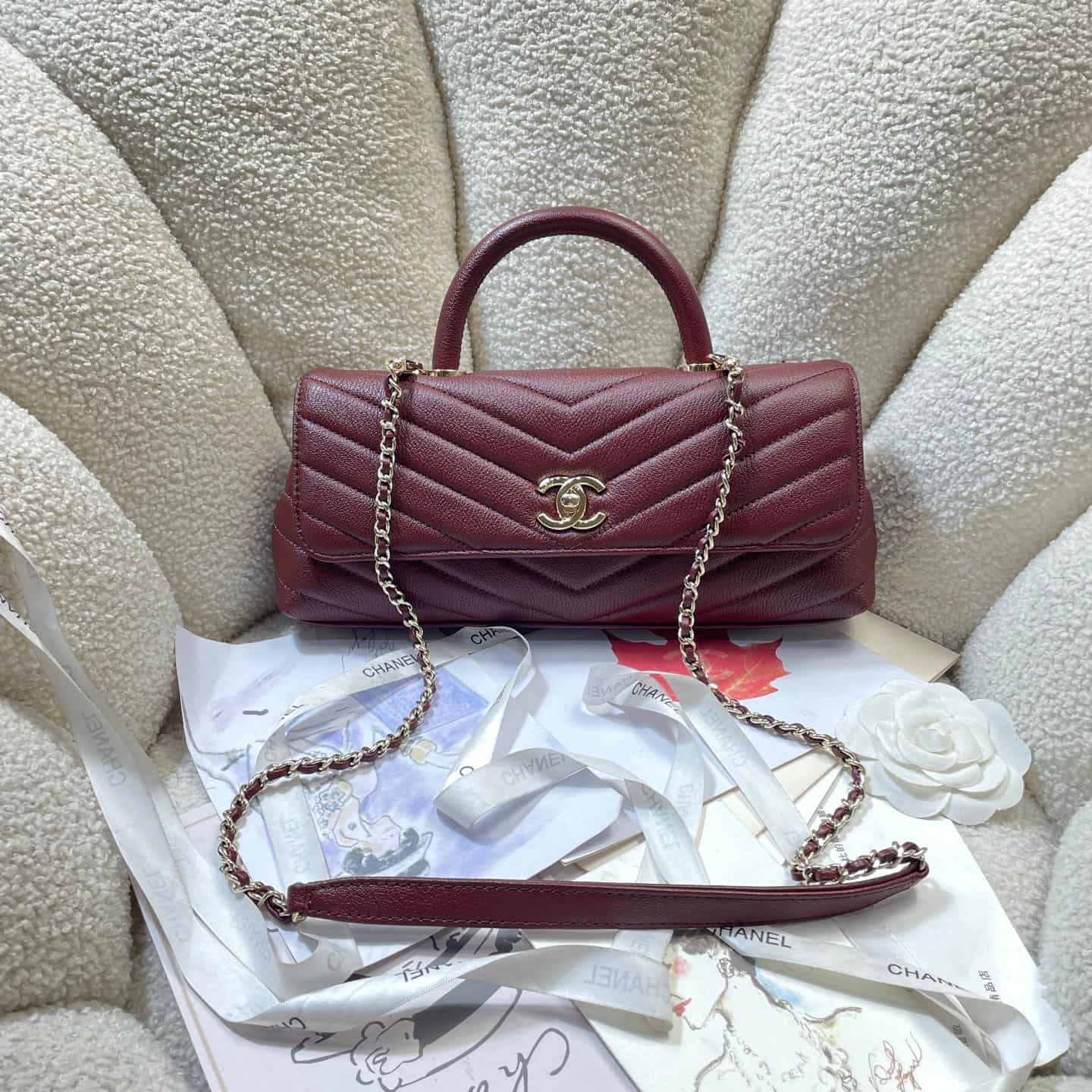 Chanel Maxi Flap Bag with Top Handle Calfskin& Gold-Tone Metal AS6091 Claret A