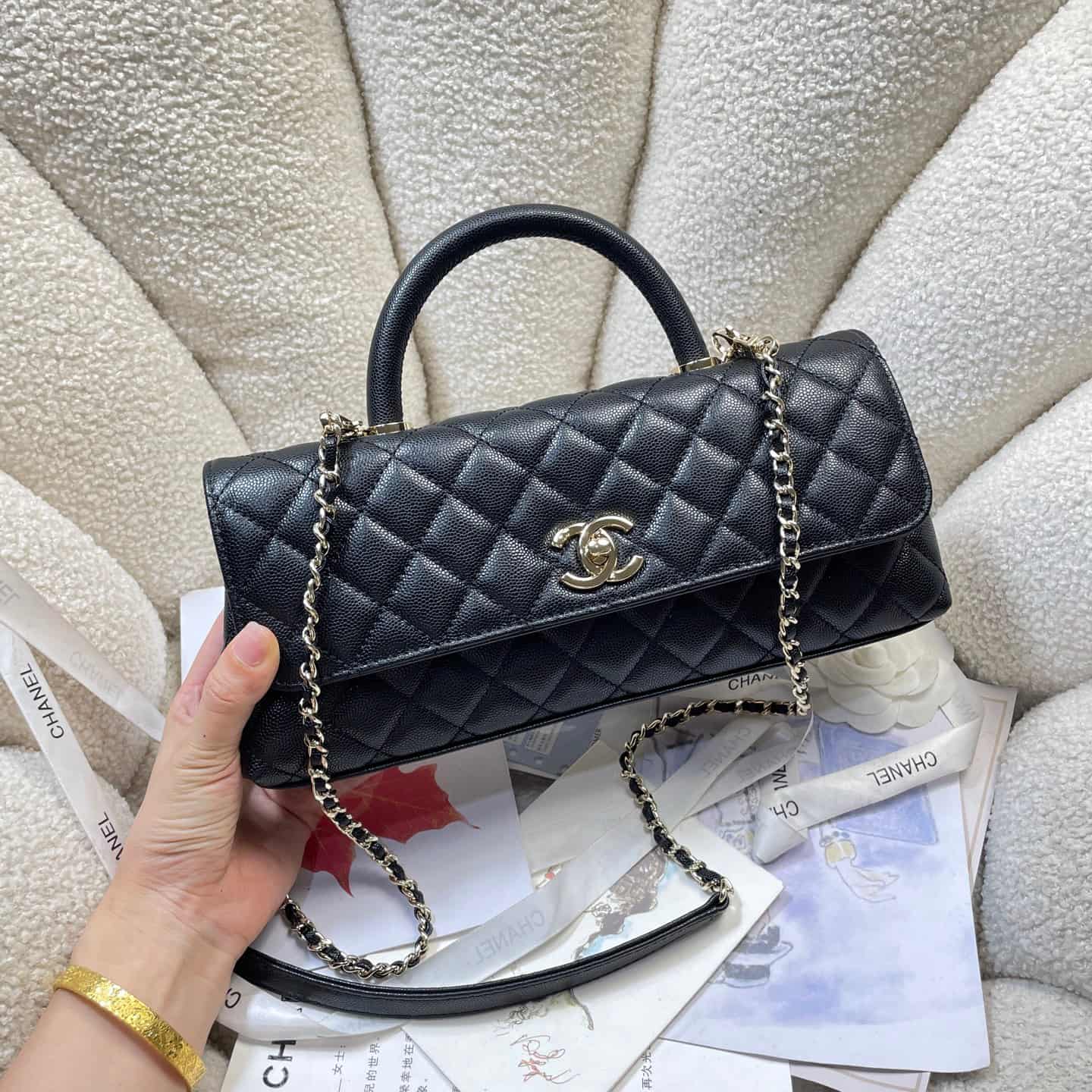 Chanel Maxi Flap Bag with Top Handle Grained Calfskin& Gold-Tone Metal AS6091 Black A
