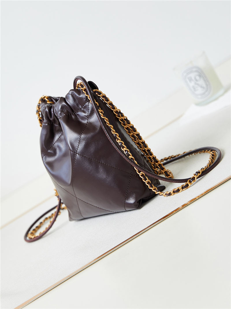 Chanel 22 MINI HANDBAG Shiny Calfskin Coffee & Gold-Tone Metal AS3980 A