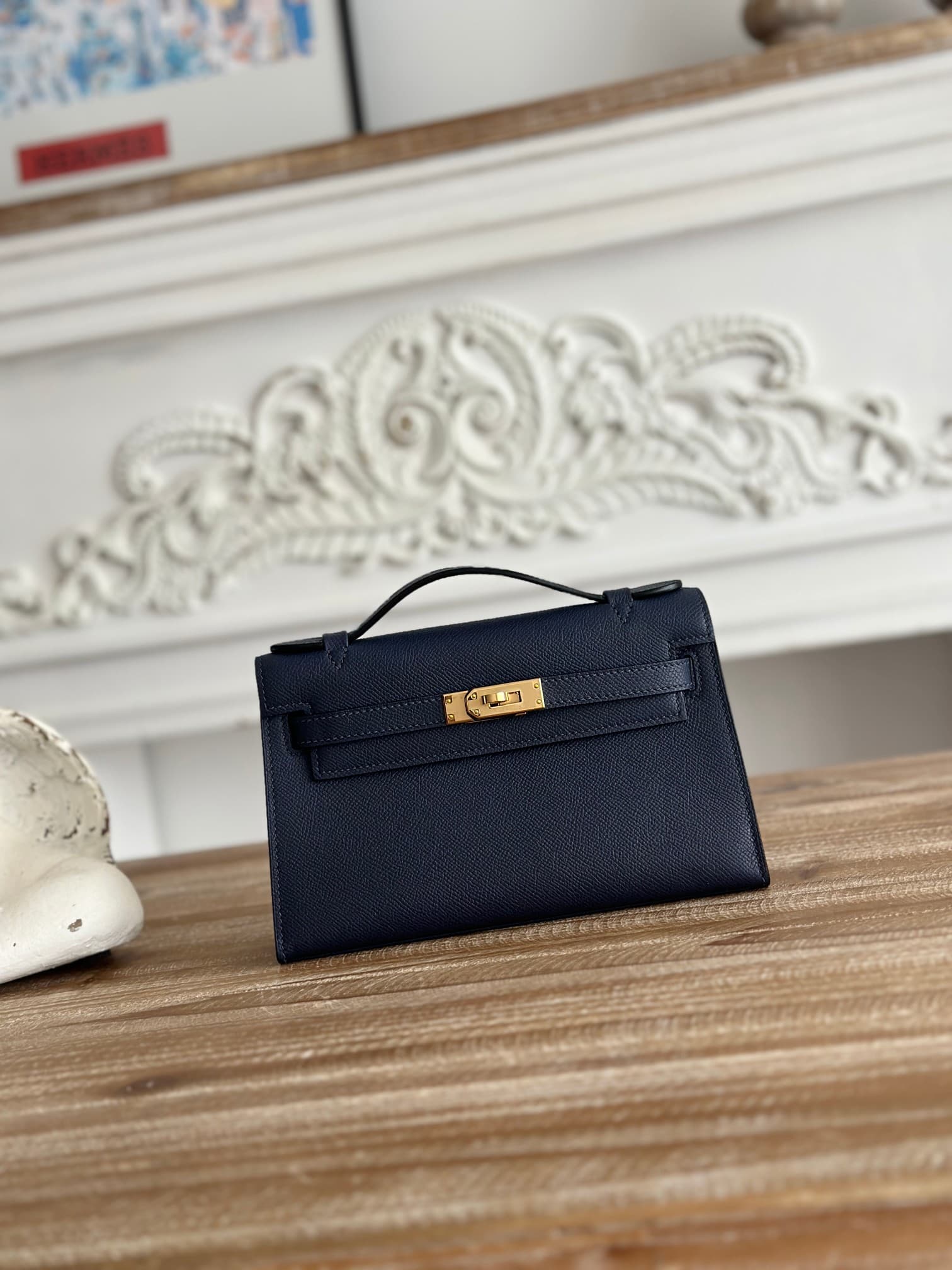 Hermes Kelly Pochette Bag Epsom Leather Silver/Gold Metal Bleu Saphir WAX High