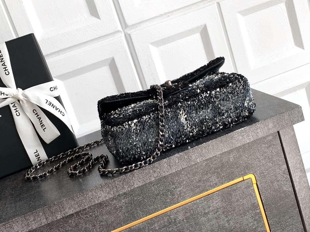 Chanel Classic Mini Flap Bag Sequin Embroidery & Silver-Tone Metal Black 6171 A