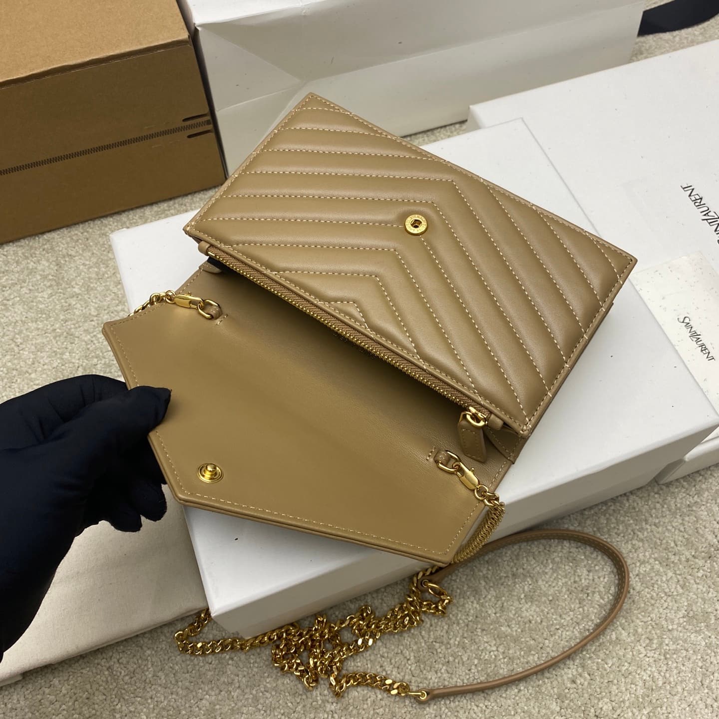 Saint Laurent Monogram Matelassé Cassandre Wallet on Chain Milk Tea Apricot Lambskin 393953 High
