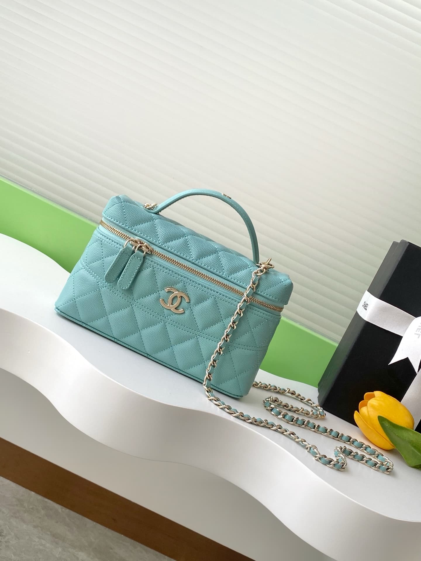 Chanel VANITY WITH CHAIN AP4407 Grained Calfskin & Gold-Tone Metal Blue High