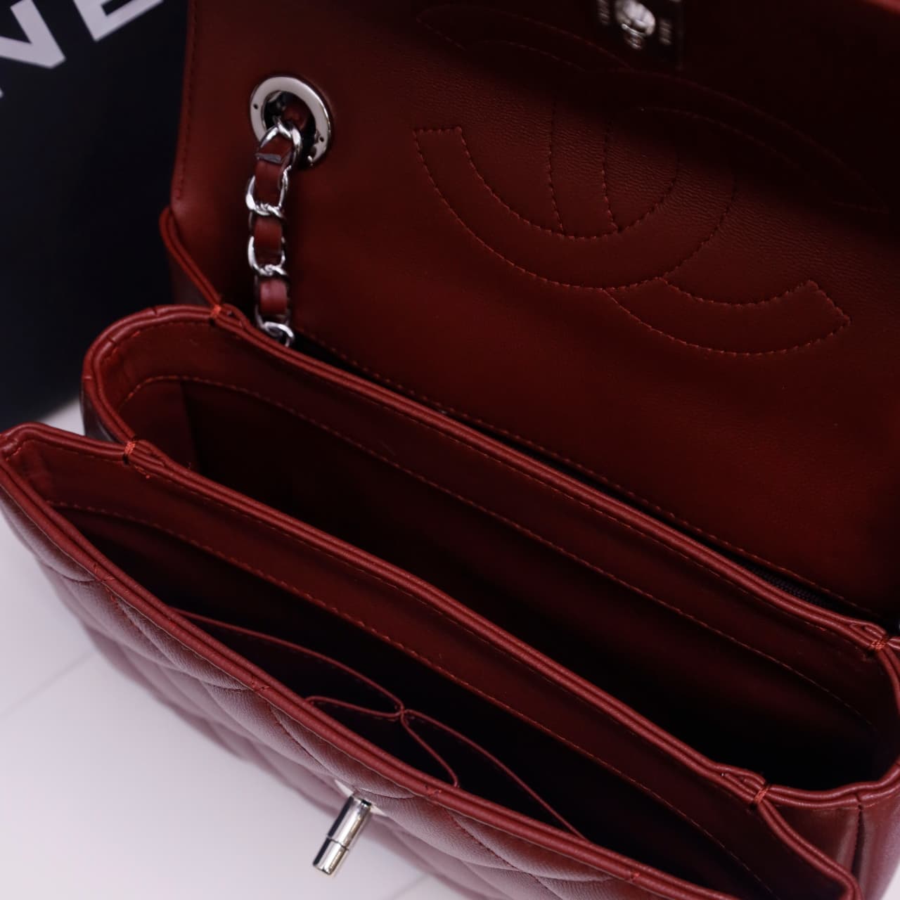 SMALL FLAP BAG WITH TOP HANDLE Lambskin Silver Metal Burgundy A