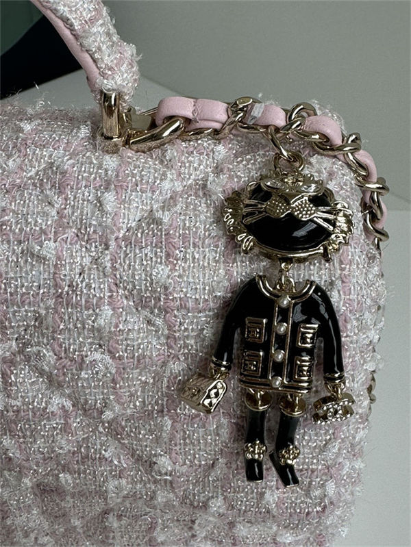 MINI FLAP BAG WITH TOP HANDLE AS2431 Cotton Tweed & Gold-Tone Metal Pink P A