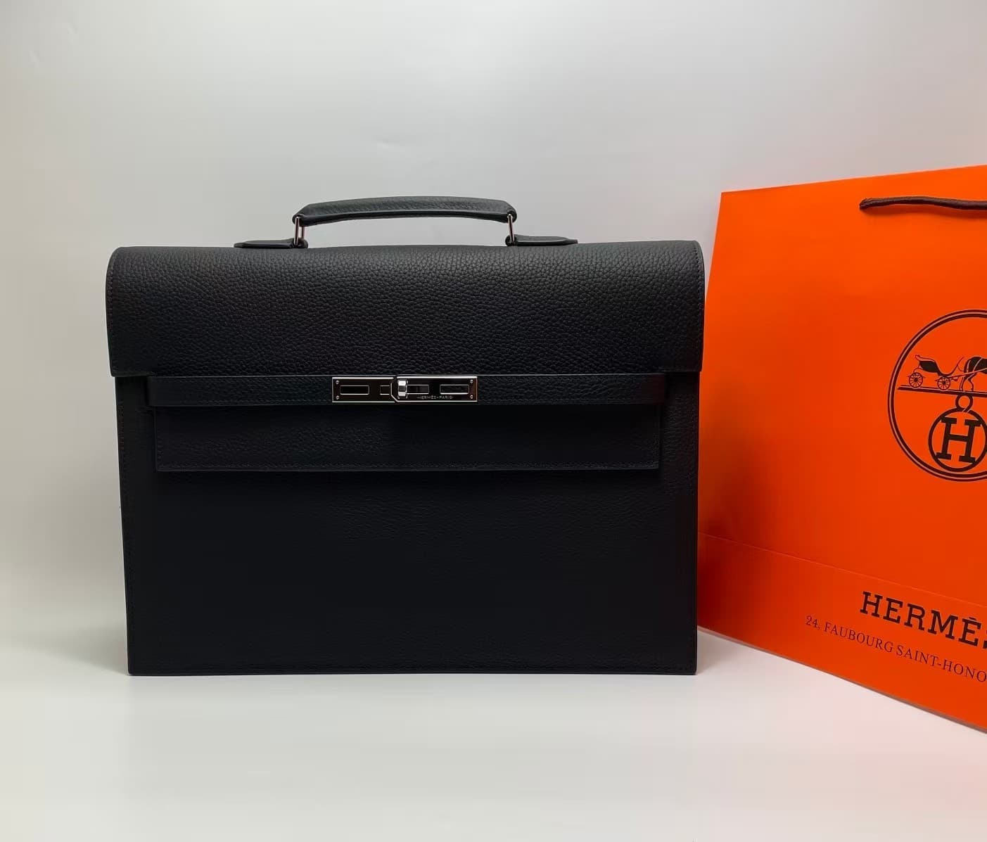 Hermes Kelly Depeche 38 Briefcase In Black Calfskin WAX High