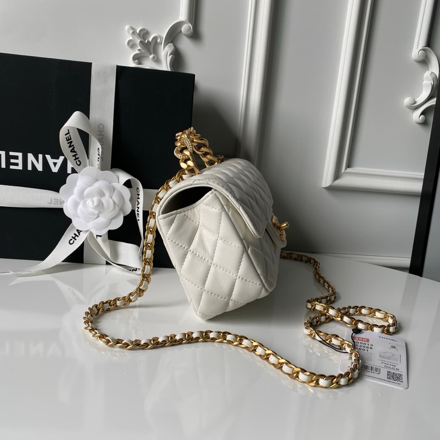 Chanel Mini Flap Bag with Top Handle Lambskin& Gold-tone Metal White AS5813 A