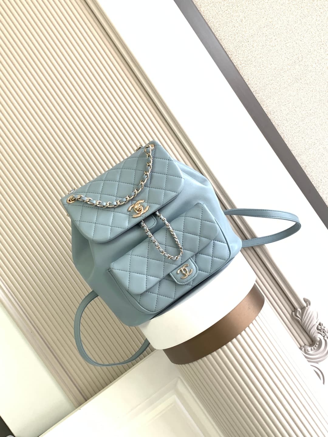 Chanel Medium Quilted Duma Backpack Lambskin AS3618 Blue A