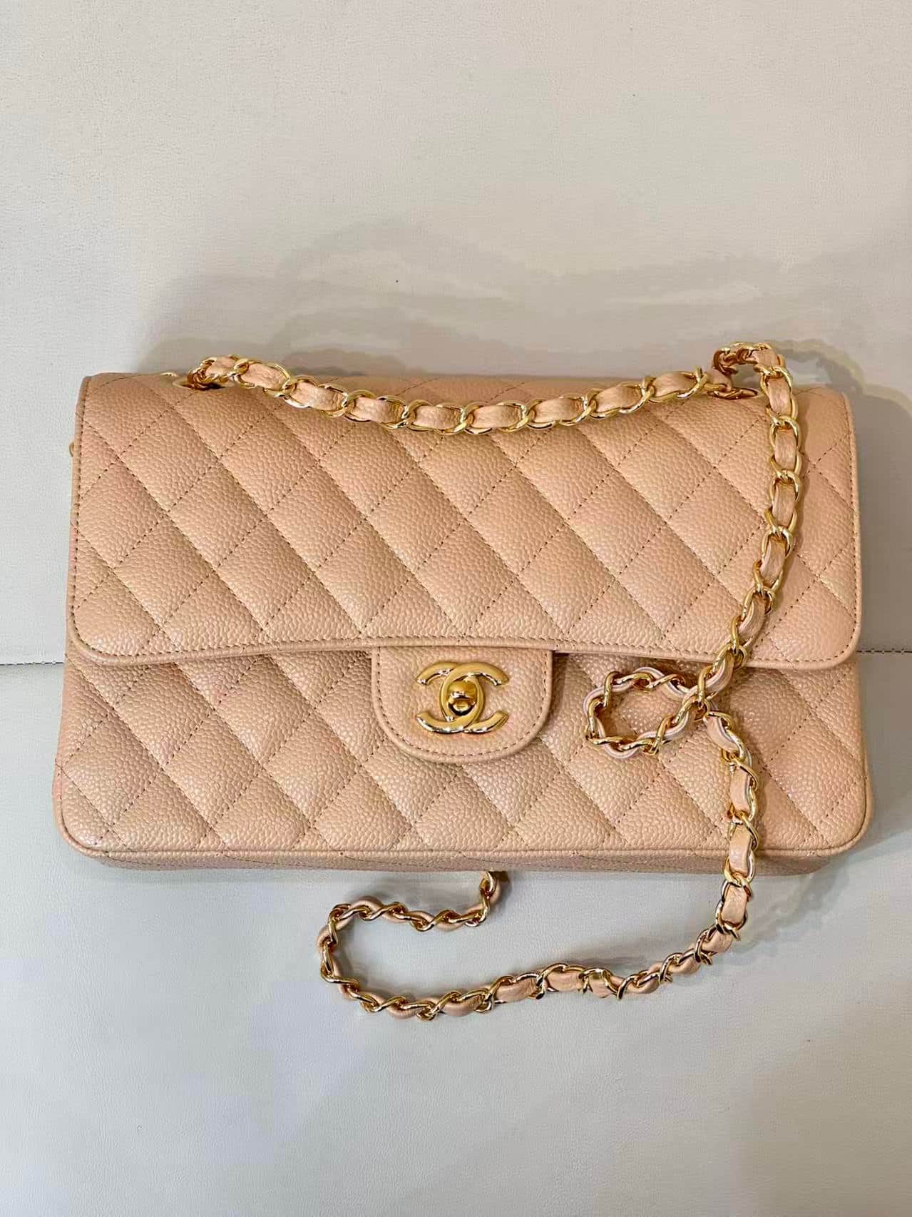 Chanel Medium CLASSIC HANDBAG Grained Calfskin & Gold-Tone Metal Beige TOP