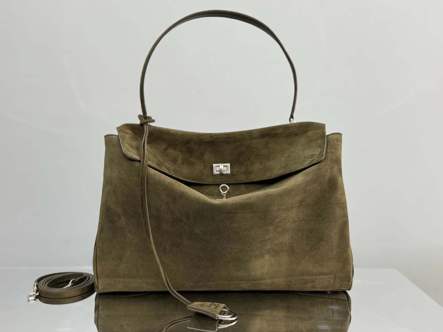 Balenciaga Rodeo Large Bag in Khaki Waxed Suede Calfskin With Silver-Tone Metal TOP