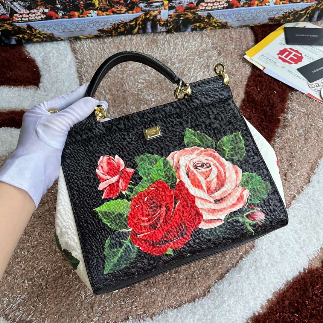 Dolce & Gabbana Miss Sicily top handle bag with vibrant red rose print leather High