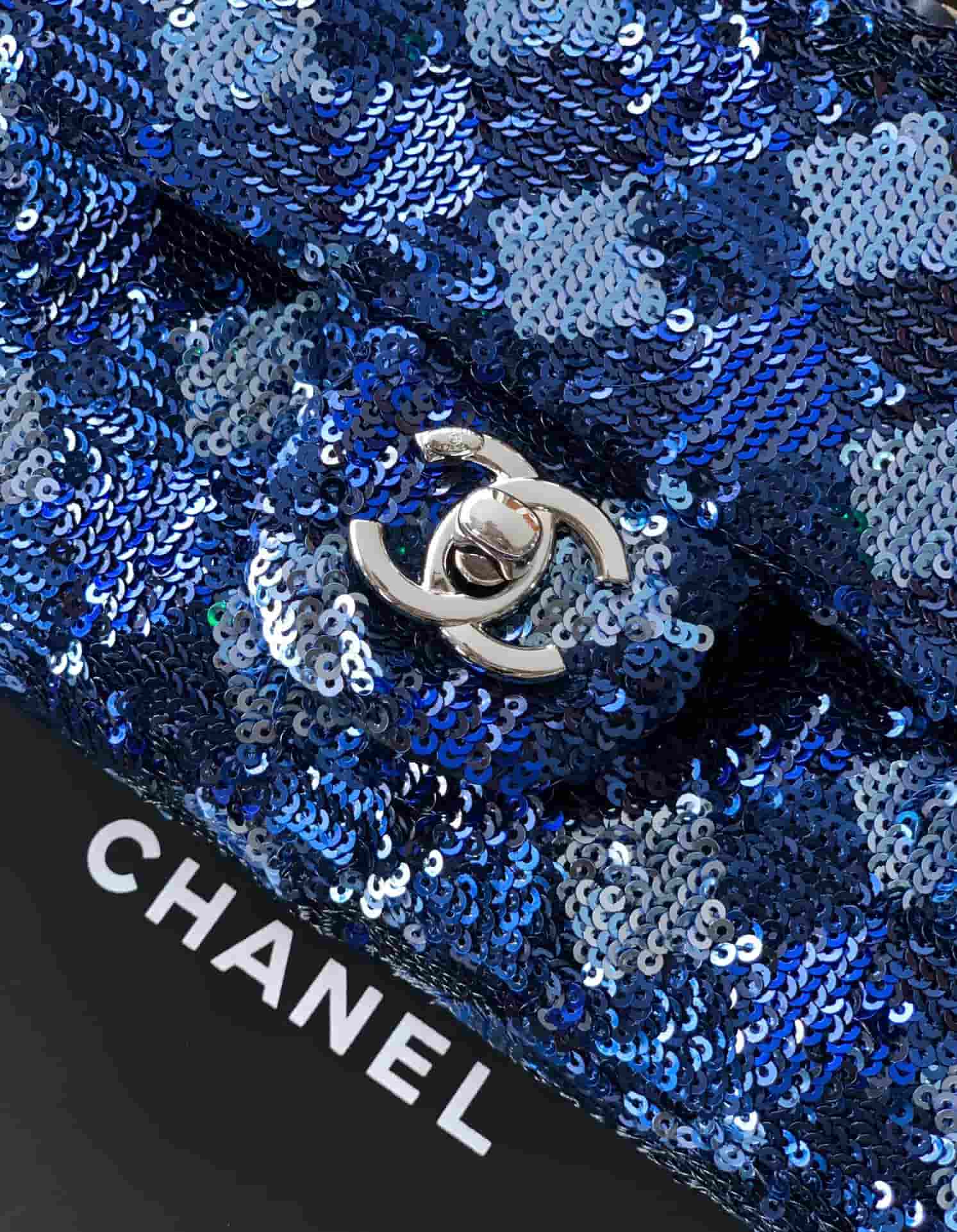 Chanel Classic Mini Flap Bag Sequins Embroidery & Gold-Tone Metal Blue 6171 A