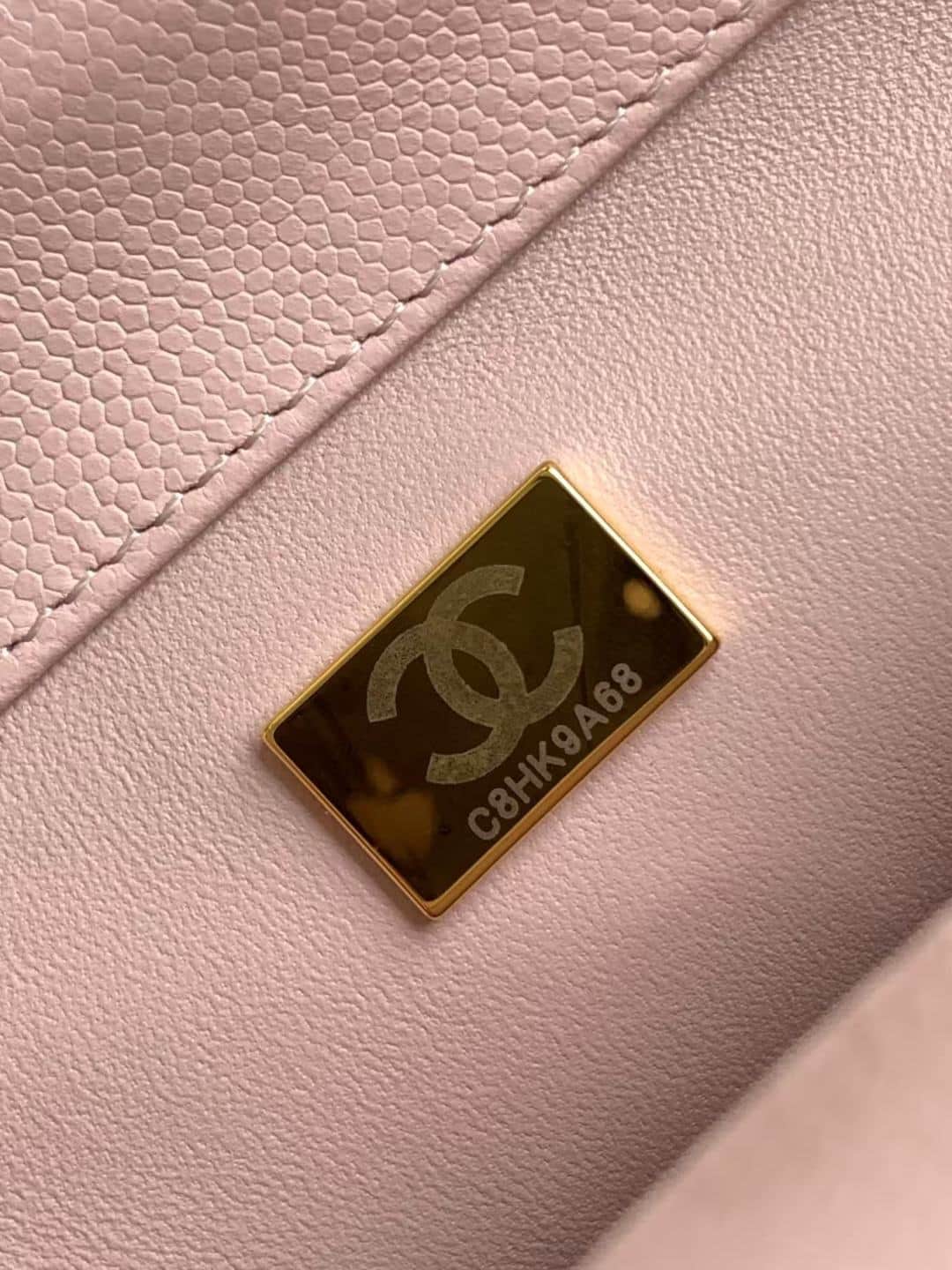 FLAP BAG WITH TOP HANDLE Grained Calfskin & Gold-Tone Metal A92990 Light-Pink Binding A