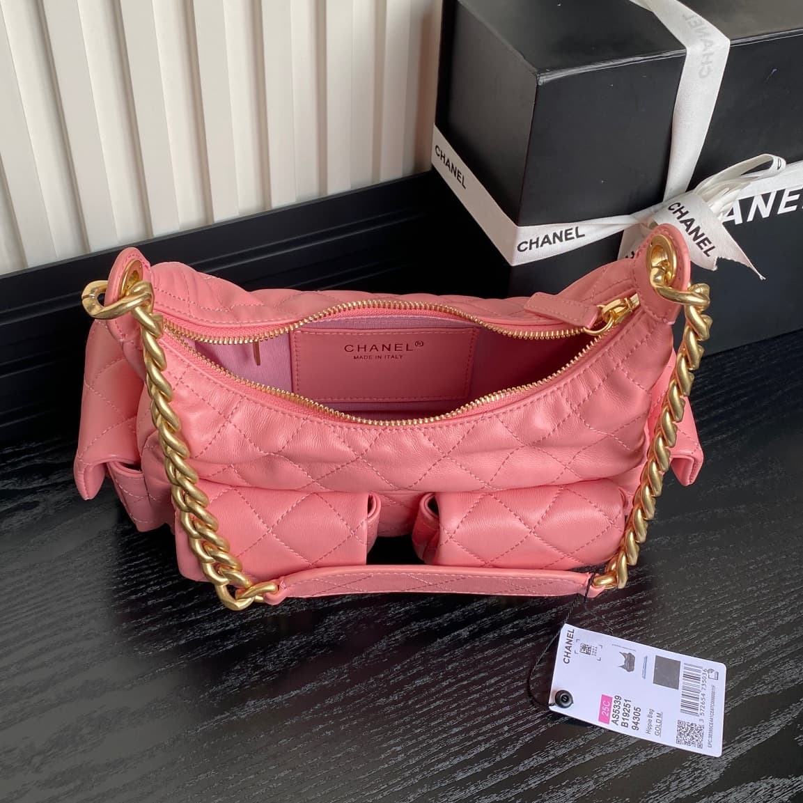 Chanel Trendy Pockets Hobo Bag Lambskin & Gold Metal Pink AS5339 A