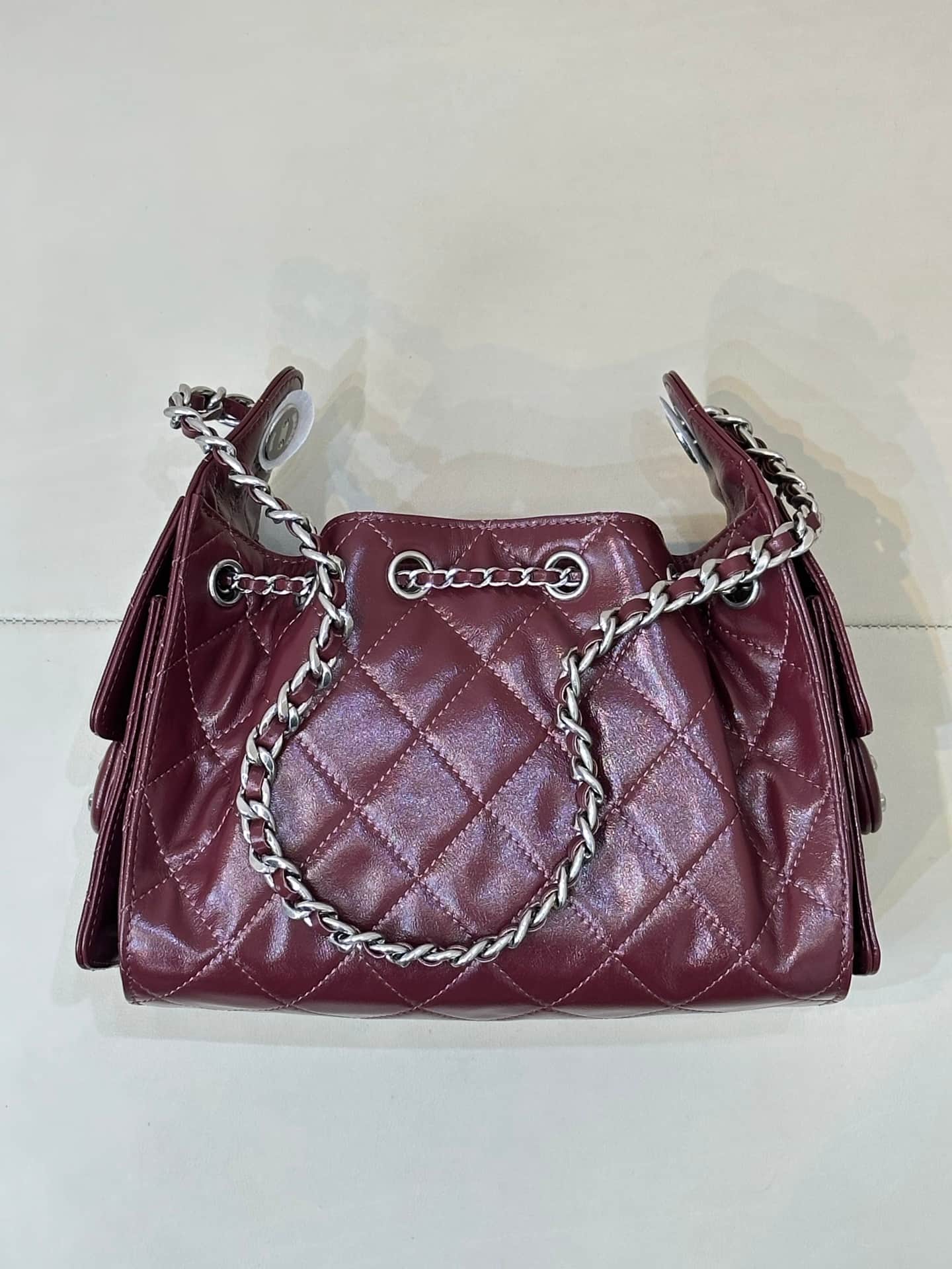 CHANEL 25 Mini Handbag AS5631 Shiny Calfskin & Silver-tone Metal Burgundy TOP