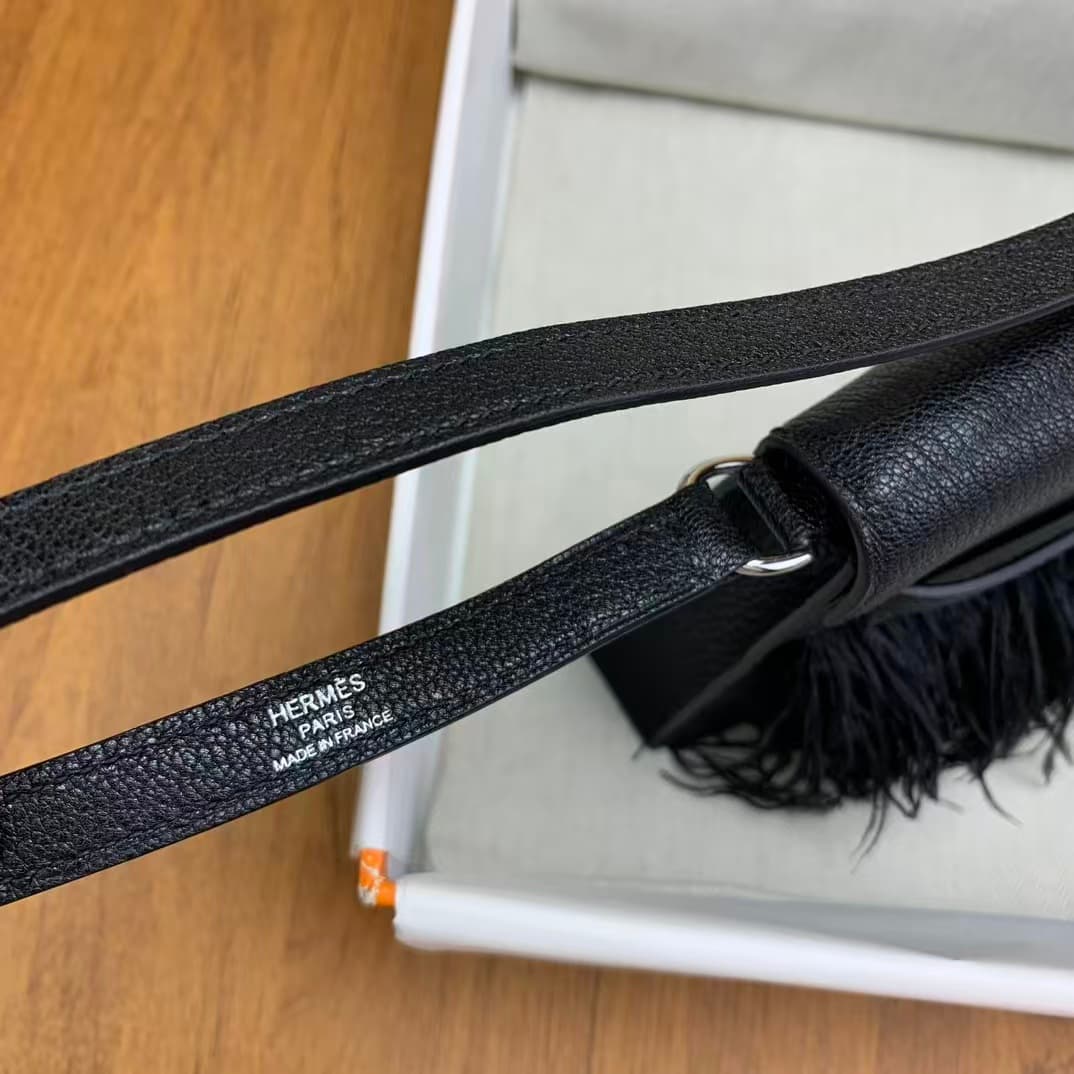 Hermes Kelly Elan  Madame Leather Black Silver-Metal Ostrich Feathers WAX High Customized Style