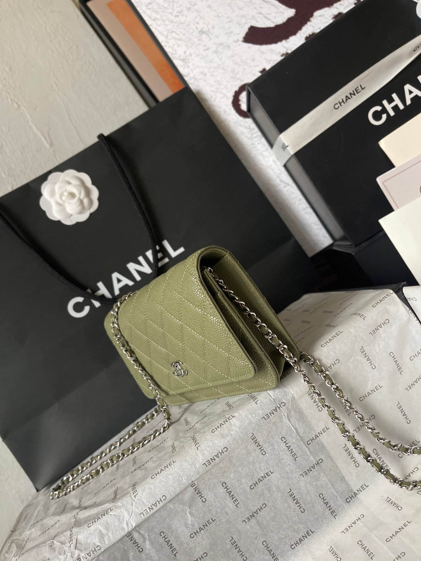 Chanel Classic Wallet on Chain Grained Shiny Calfskin & Silver-Tone Metal AP4241 Dark Green A