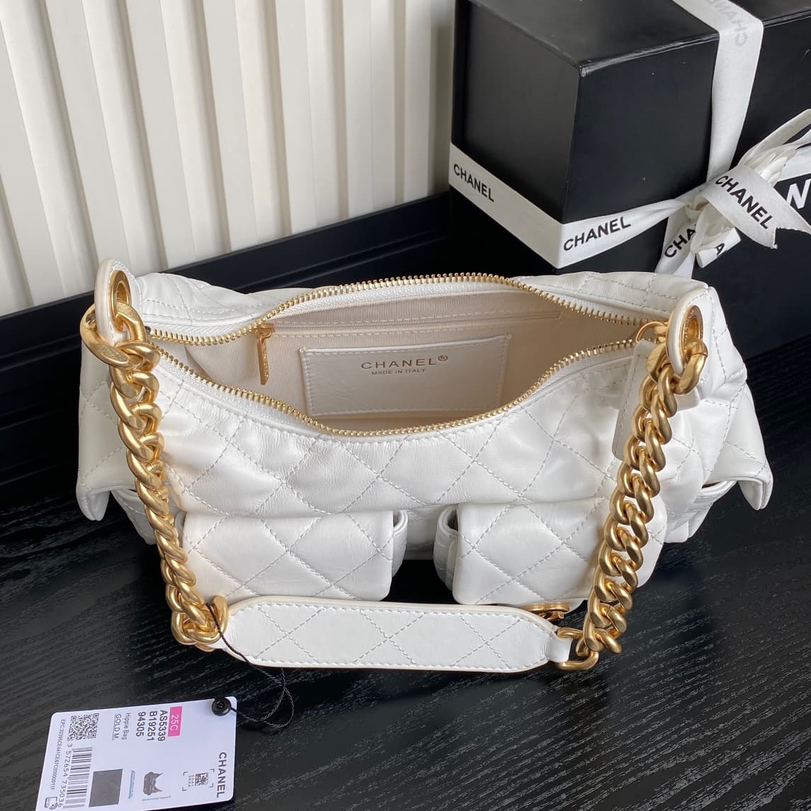 Chanel Trendy Pockets Hobo Bag Lambskin & Gold Metal White AS5339 A
