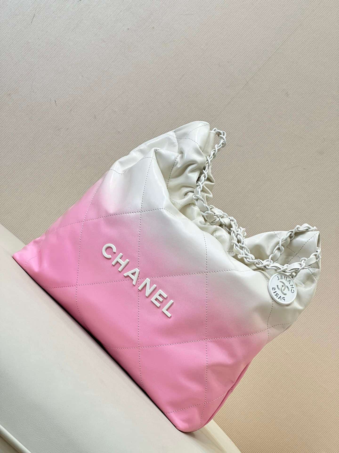 Chanel 22 Small handbag Shiny calfskin & White-tone metal AS3260 White with Pink TOP