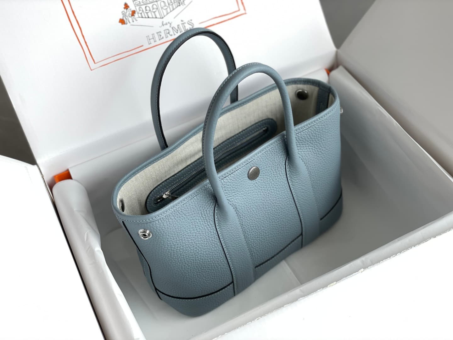Hermes Garden Party 23 bag in Blue Lin Togo Leather WAX High