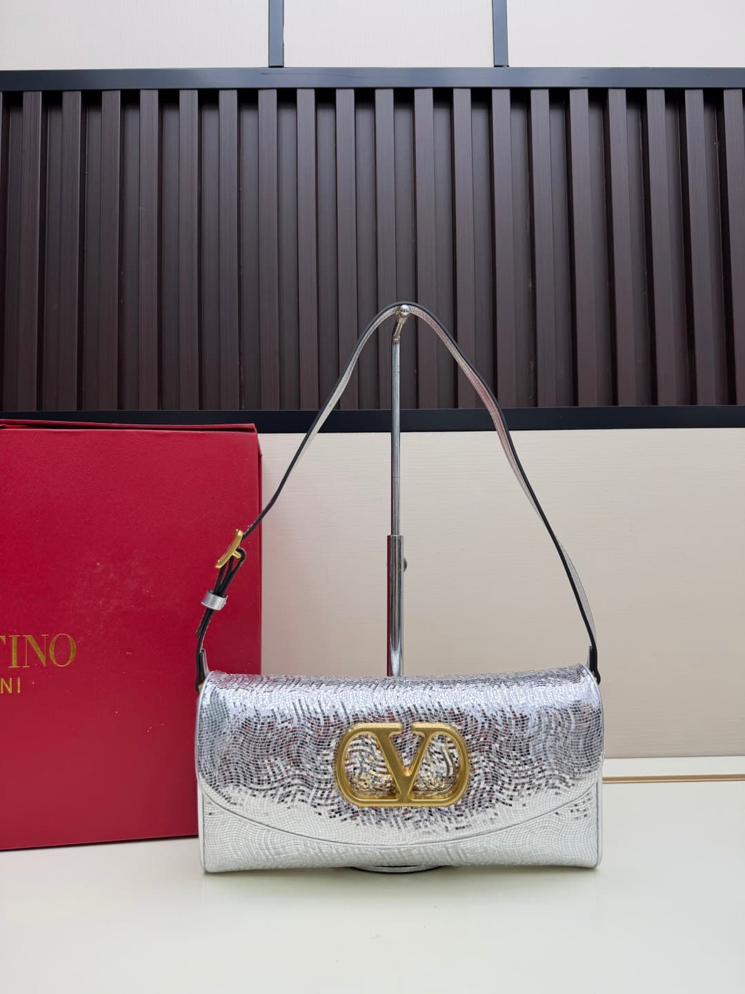 Valentino Garavani Devain Small Nappa Sequins Shoulder Bag Silver High