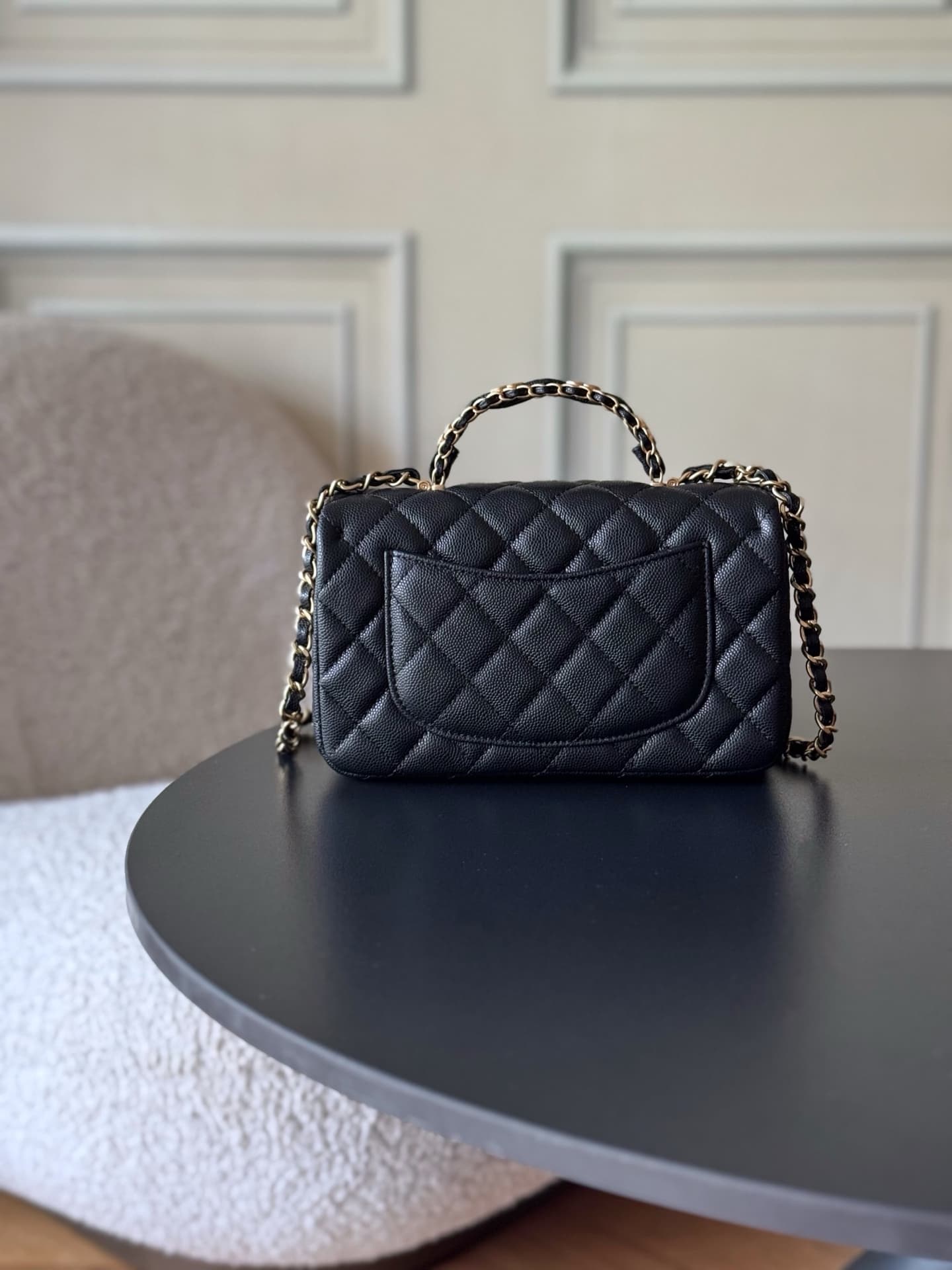 Chanel Mini Flap Bag with Top Handle Grained Shiny Calfskin & Gold-Tone Metal Black AS5701 TOP