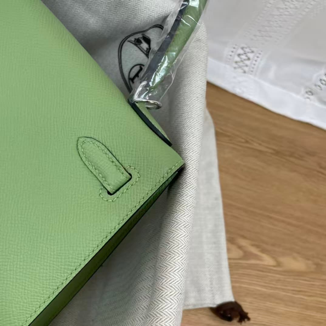 Hermes Kelly 25/28cm Sellier Bag Epsom Leather Silver/Gold Metal In Vert Criquet WAX High