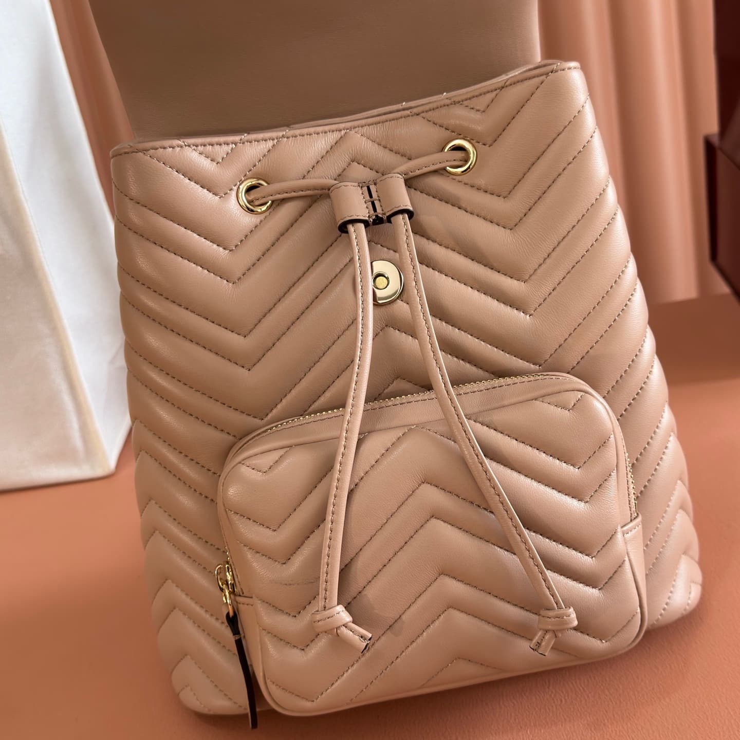 Gucci GG Marmont Small Backpack Beige Matelassé Chevron Nappa Leather 861878  High