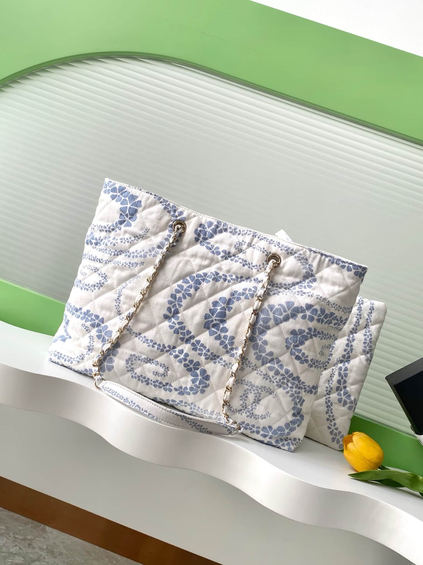 Chanel Beach Hobo Handbag Printed Cotton & Gold-Tone Metal AS5429 White and Blue A