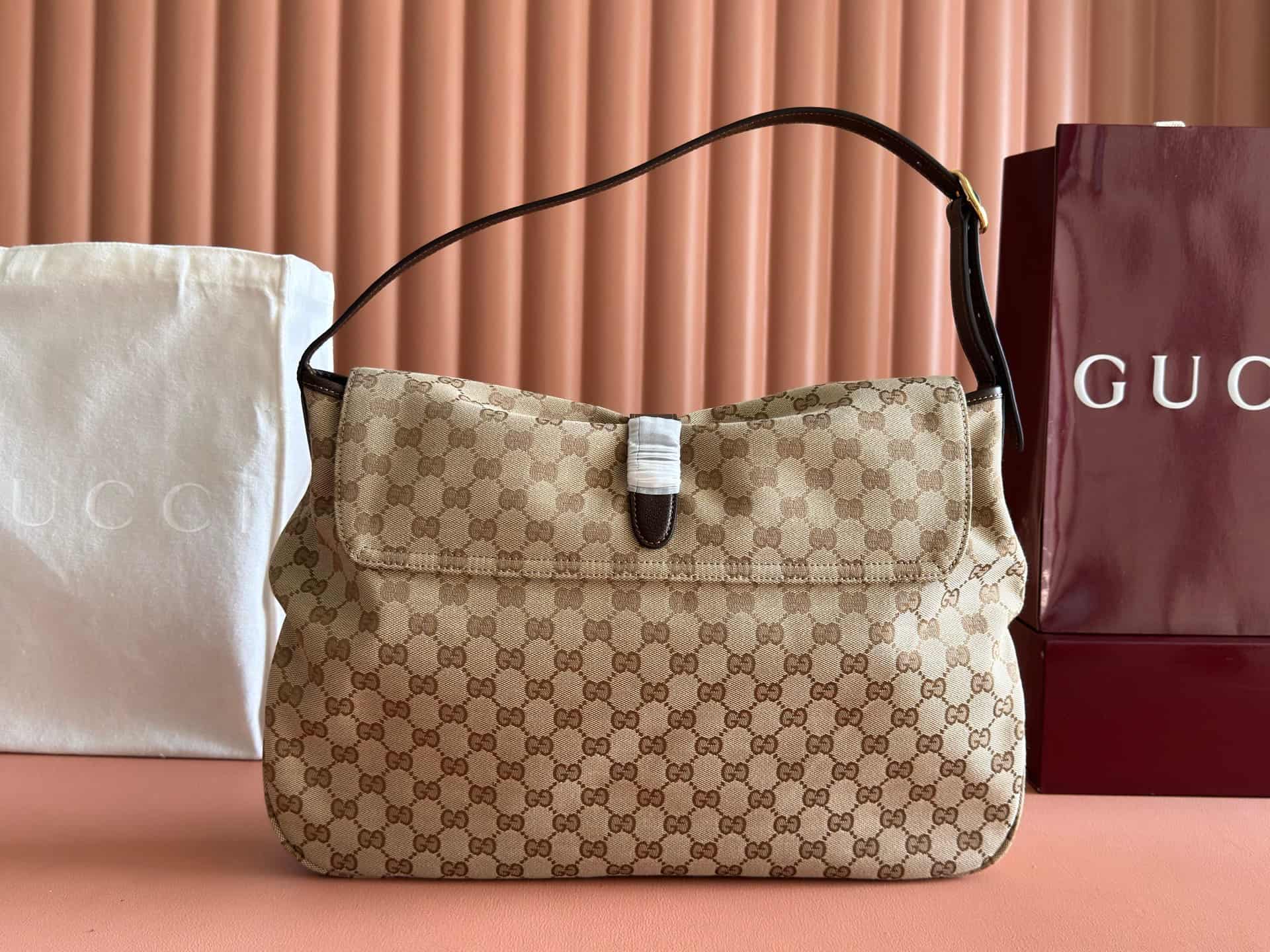 Gucci Jackie Flap large crossbody bag sand and brown GG canvas A005ZI High