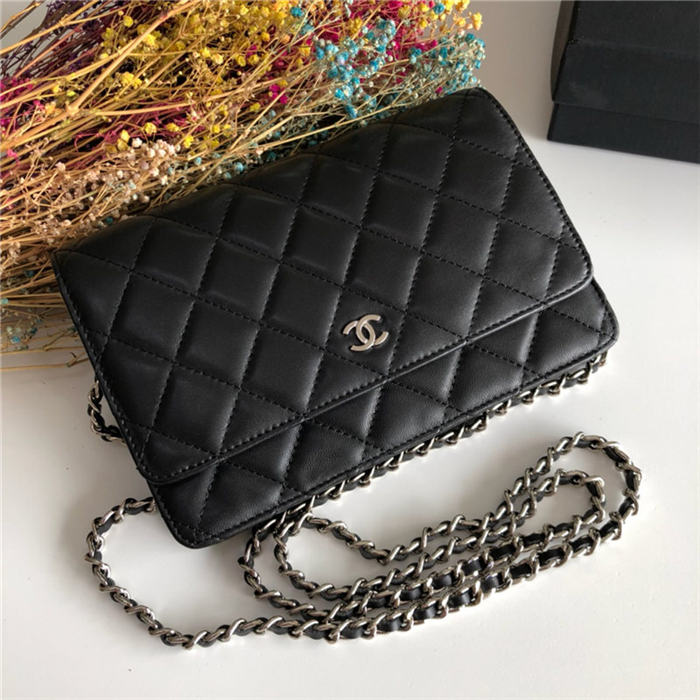 Classic Wallet on Chain A33814 Lambskin Black Gold Metal B