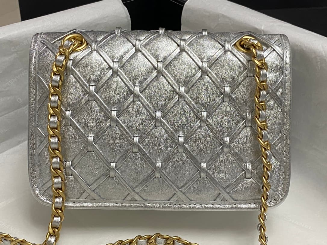 Chanel Mini Flap Bag Metallized Braided Calfskin & Gold-Tone Metal  Silver AS4797 High
