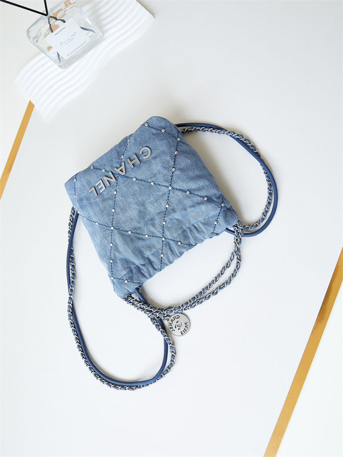 Chanel 22 MINI HANDBAG Washed Denim & Silver-Tone Metal Blue AS3980 A