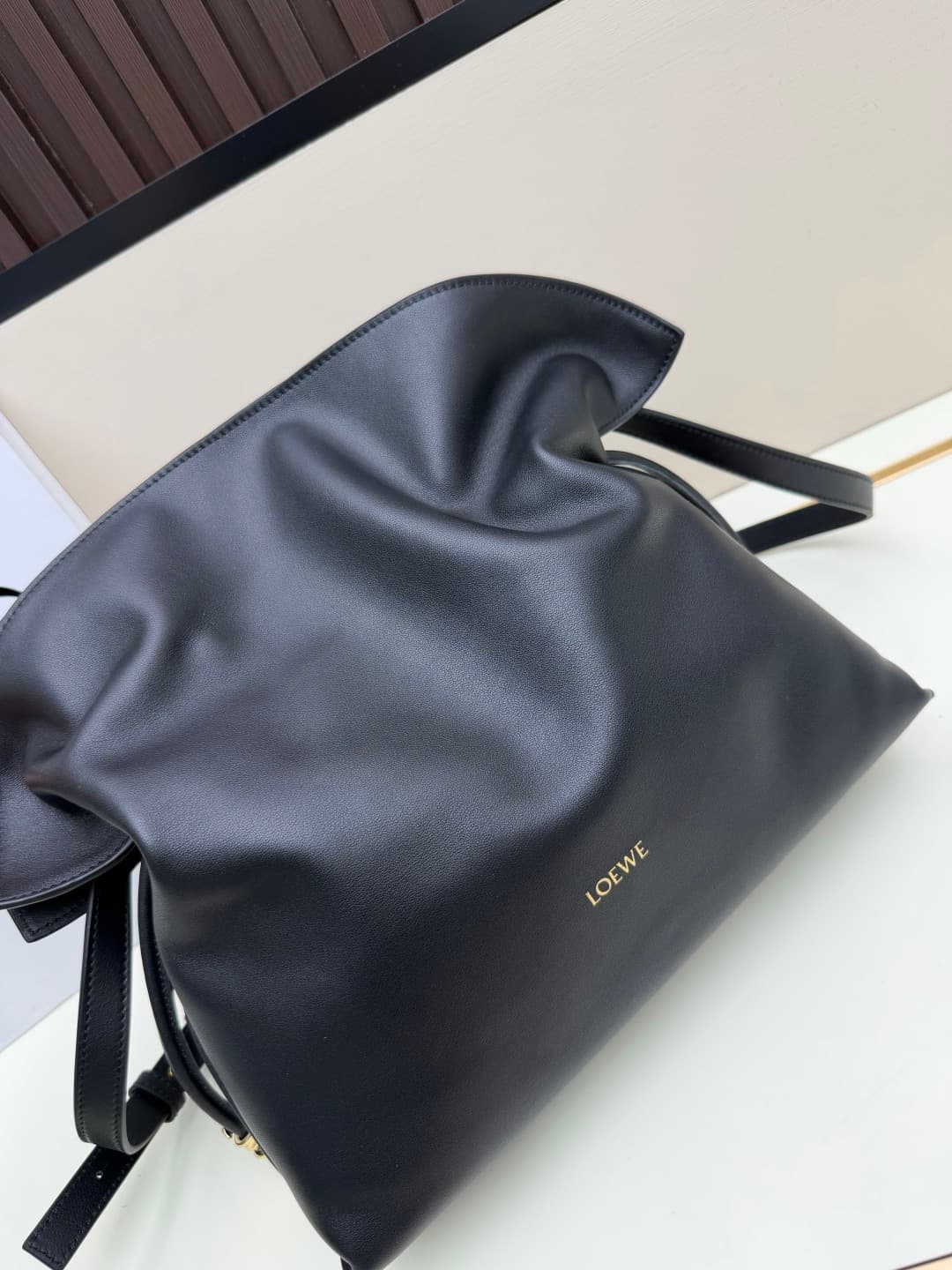 Loewe Medium Flamenco Ruched Clutch Bag in Black Leather High
