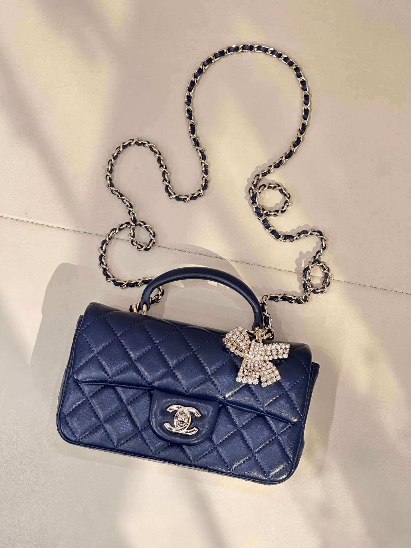 Chanel Mini Classic Handbag Lambskin Strass & Gold-Tone Metal AS2431 dark blue TOP