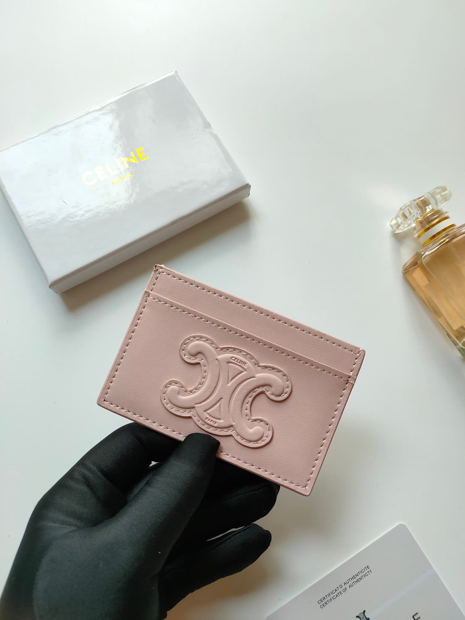 Celine Triomphe card holder in pink shiny calfskin leather 10B703 High