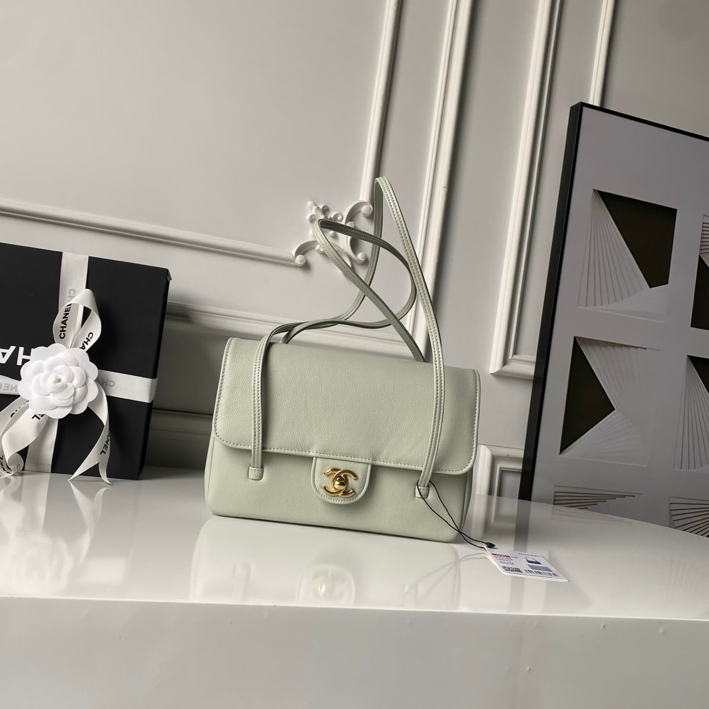 Chanel Small Flap Bag Grained Shiny Calfskin & Gold-Tone Metal AS6130 Gray-green High