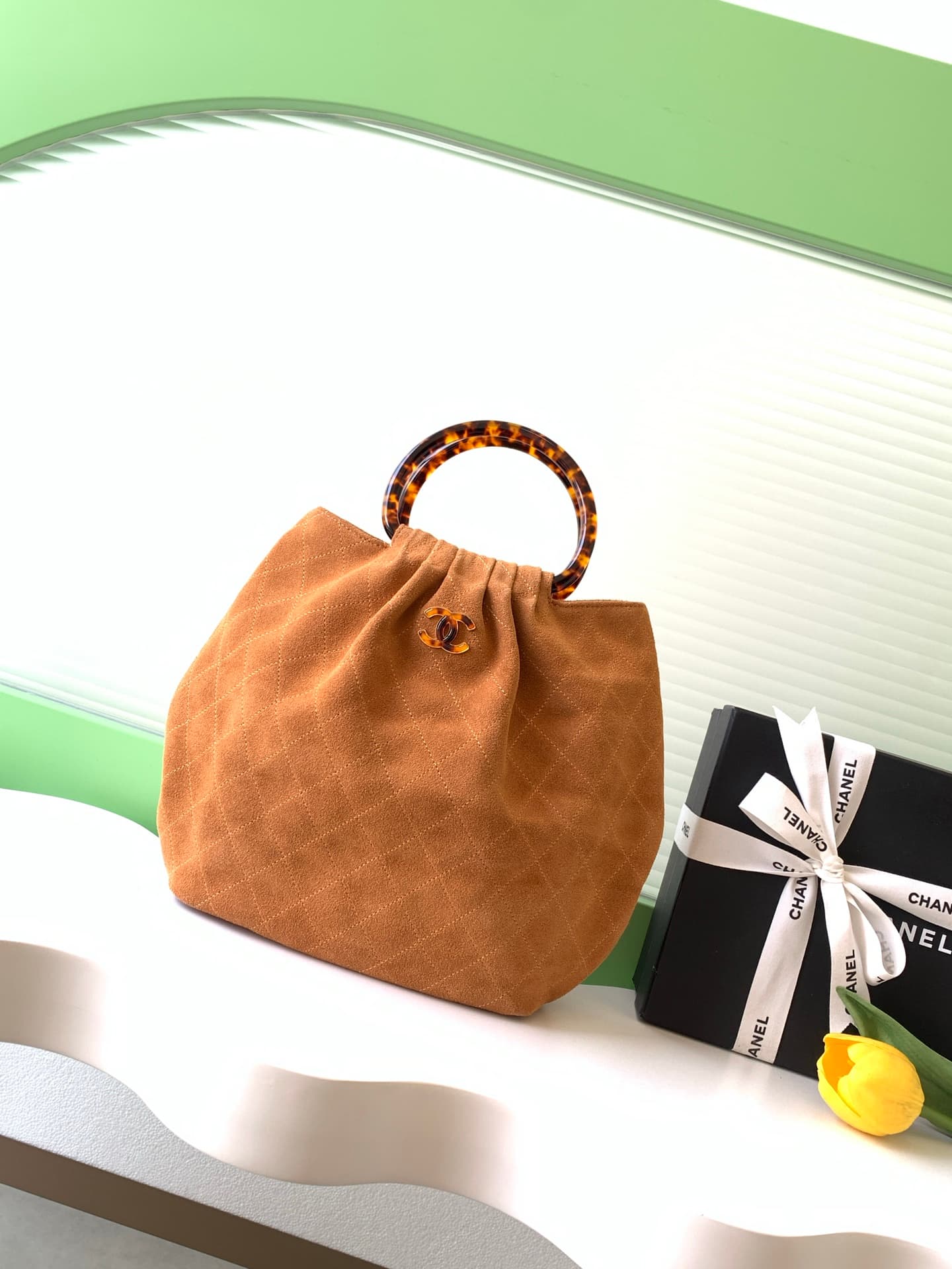 Chanel Medium Hobo Bag Suede Calfskin Turtoise-Shell Effect Plexi & Gold-Tone Metal Camel AS6010 High
