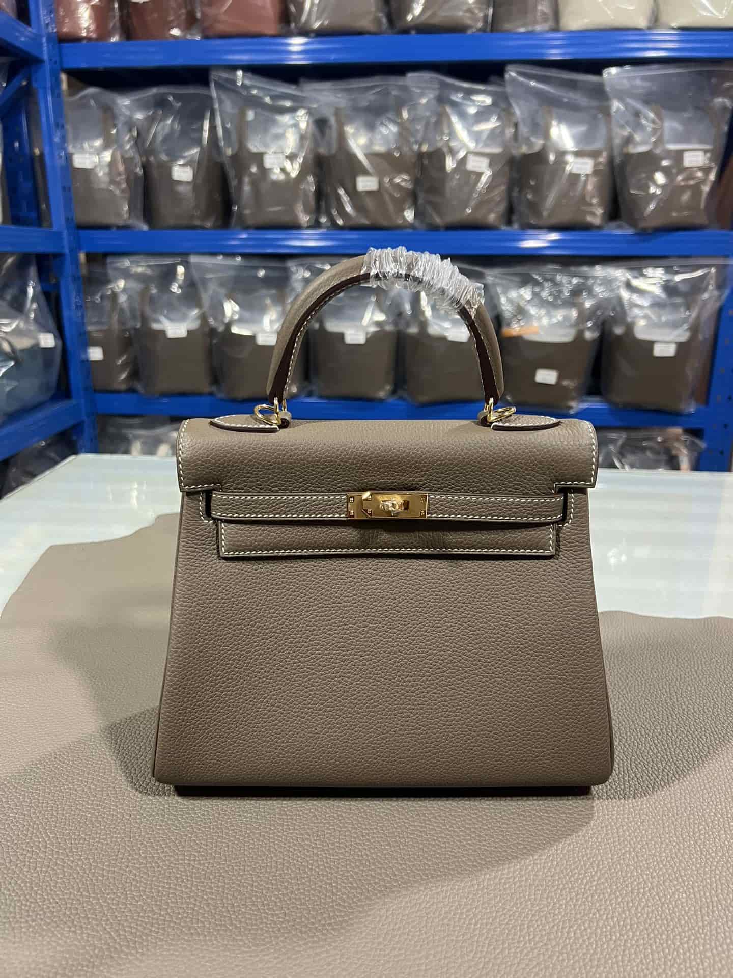 Hermes Kelly 25/28/32cm Retourne Bag Togo Leather In Etoupe WAX High