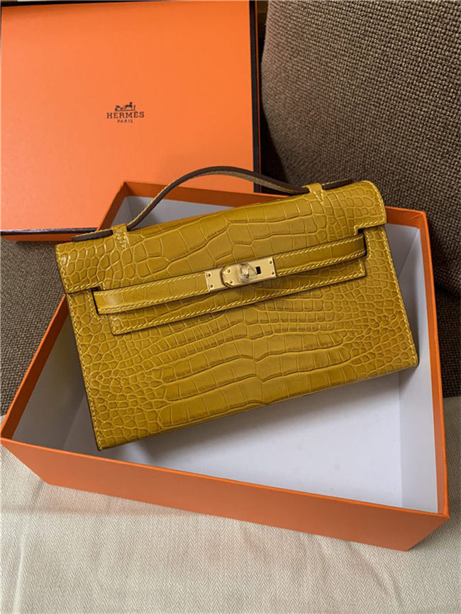 Hermes Kelly Pochette Bag Crocodile Silver/Gold Metal WAX High Customizing Style