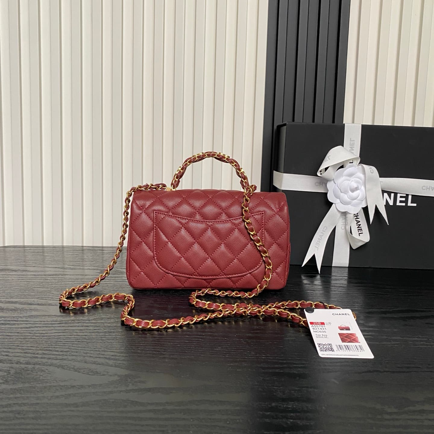 Chanel Mini Flap Bag with Top Handle Grained Shiny Calfskin & Gold-Tone Metal Claret AS5701 A