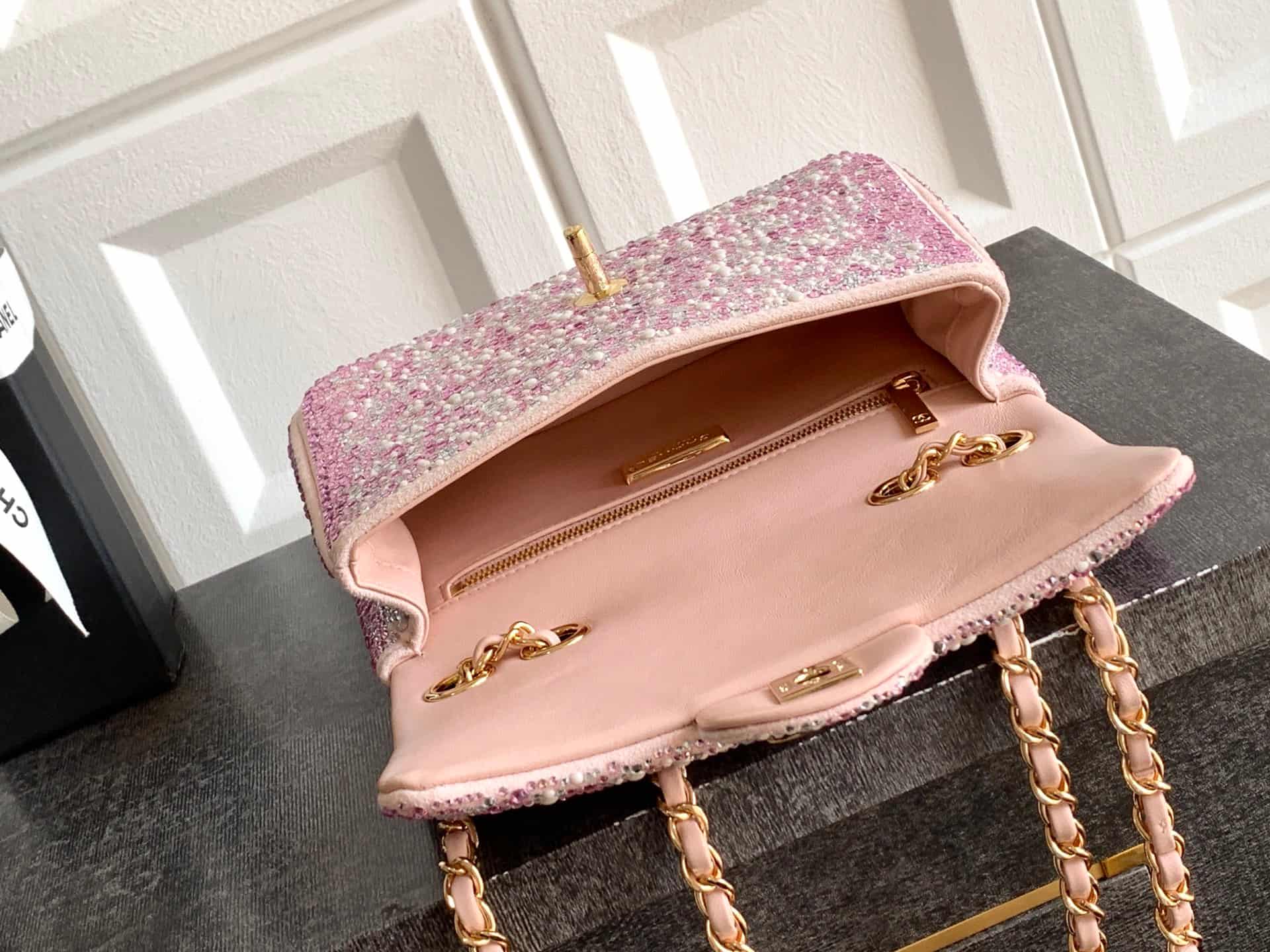 Chanel Classic Mini Flap Bag Strass Imitation Pearls & Gold-Tone Metal  Pink 6171 A