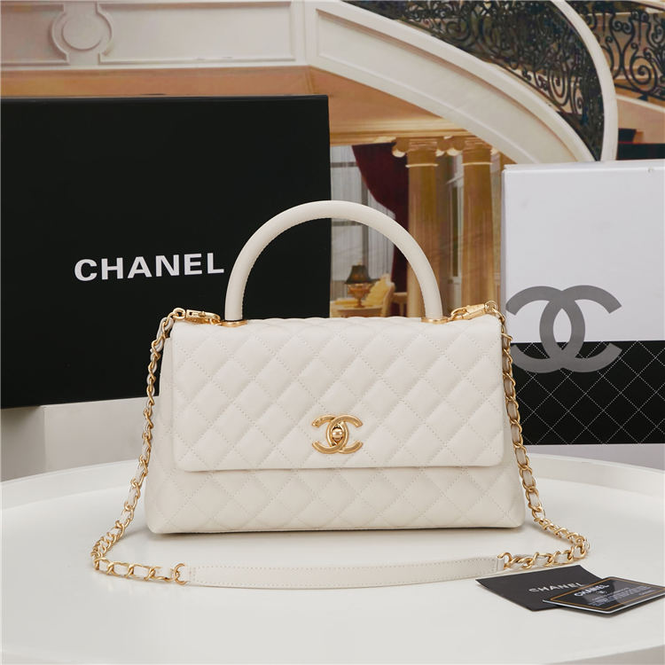 Medium FLAP BAG WITH TOP HANDLE Grained Calfskin Gold Metal High