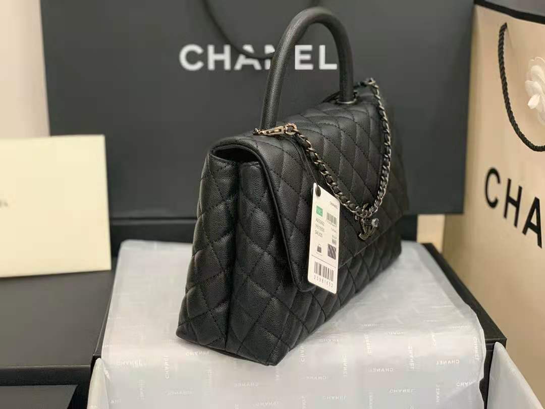 Medium FLAP BAG WITH TOP HANDLE Grained Calfskin Black Pewter-Tone Metal High