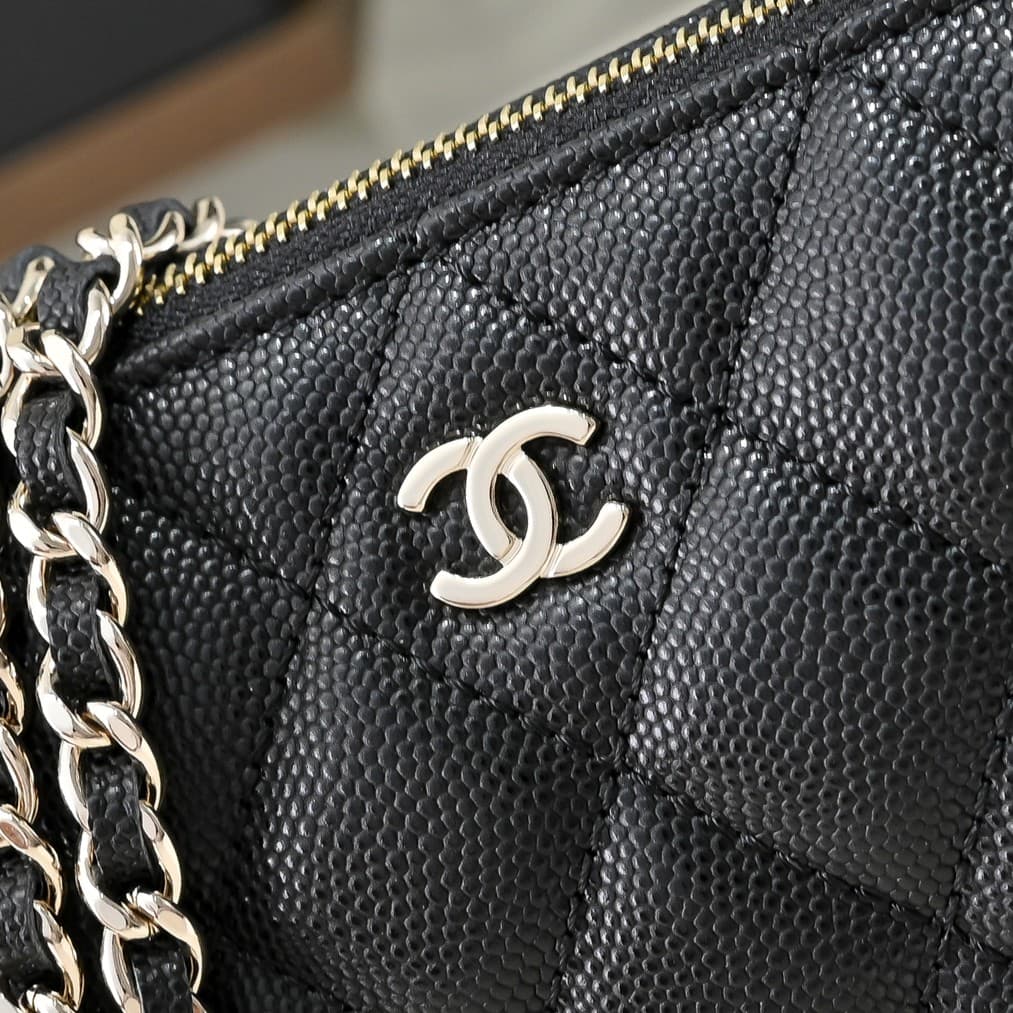 Chanel Chain Wallet Grained Shiny Calfskin & Gold-Tone Metal AS4704 Black A