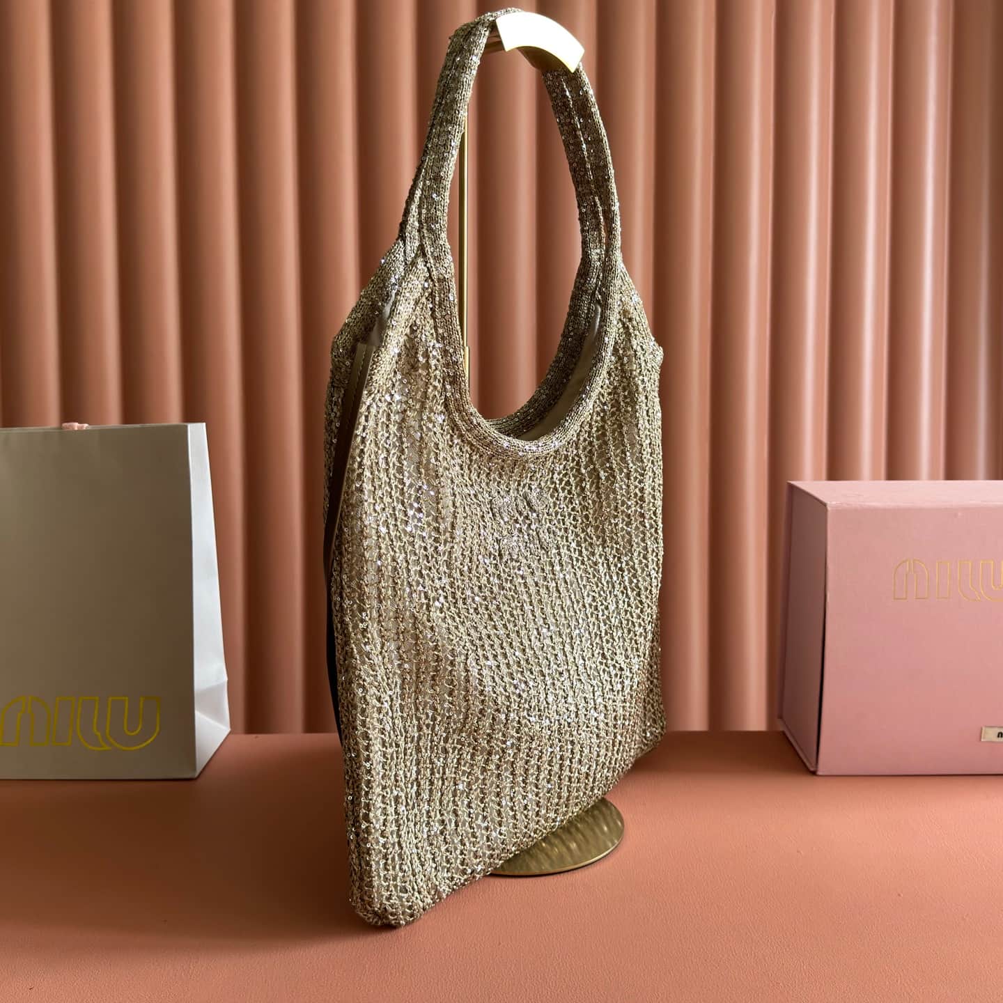 Miu Miu Ivy sequin mesh bag Cocoa Brown 5BG231 TOP