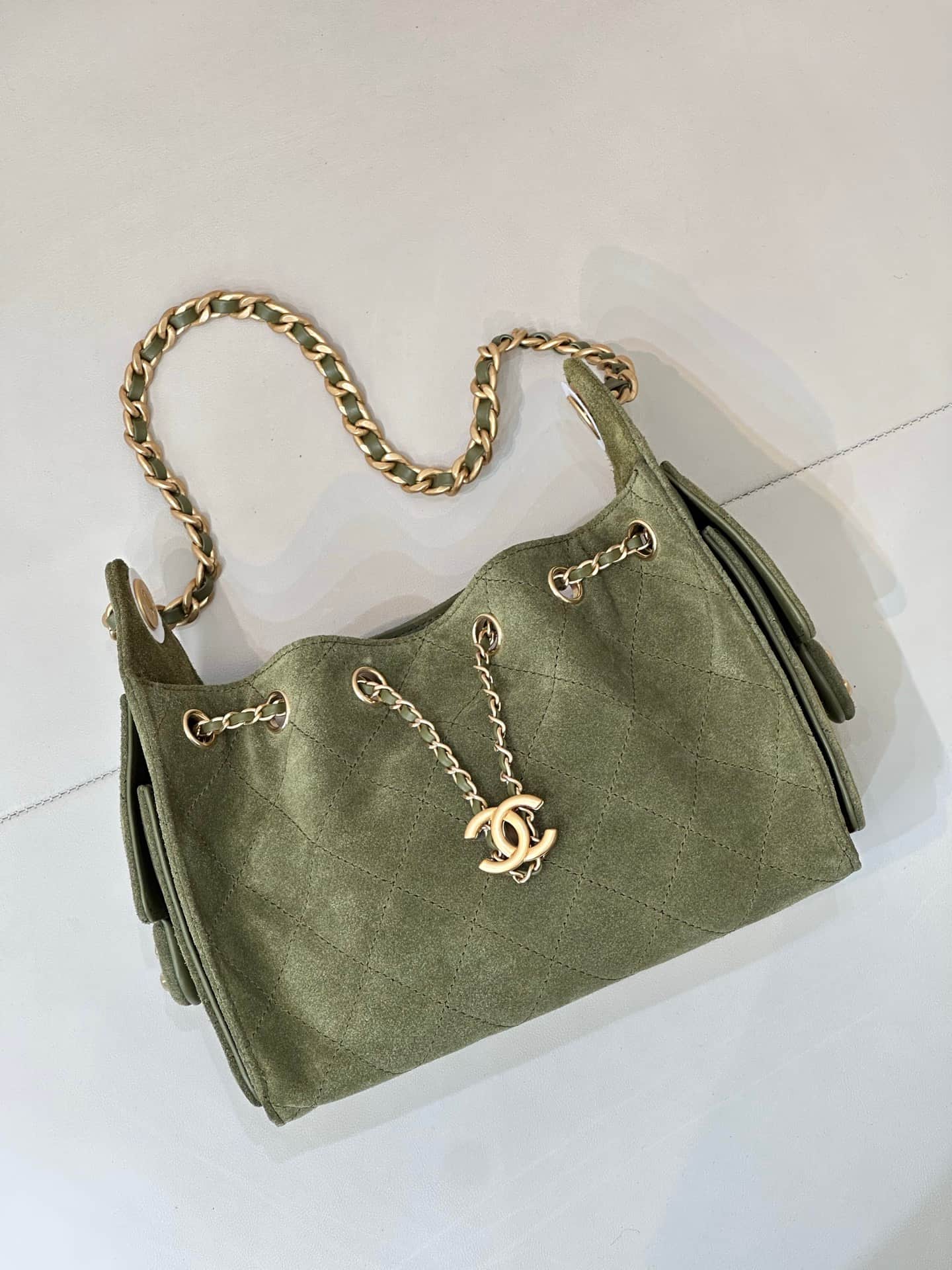 CHANEL 25 Mini Handbag AS5631 Suede &Gold-tone Metal Military Green TOP