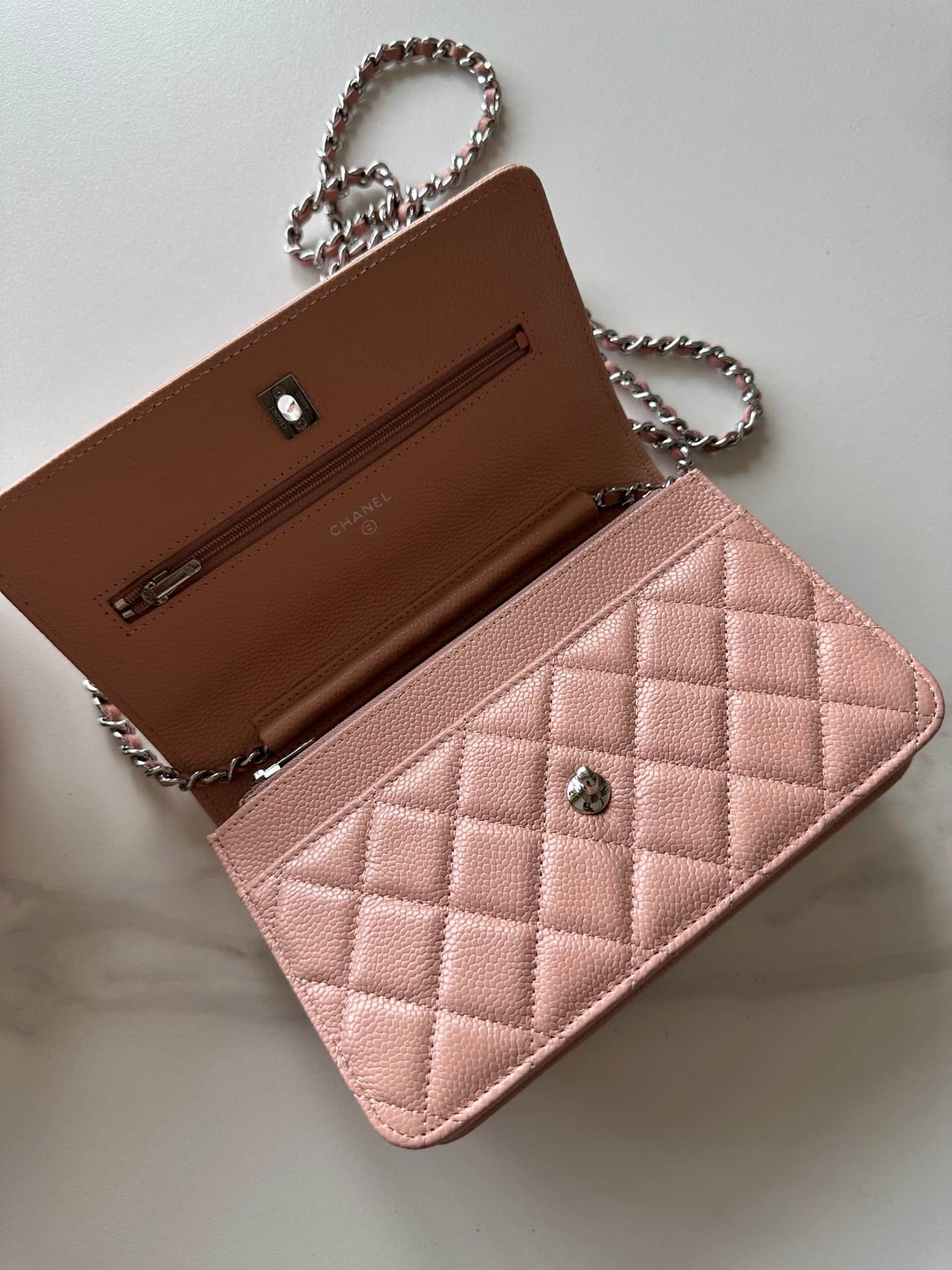 Chanel Classic Wallet on Chain Grained Shiny Calfskin & Silver-Tone Metal AP4241 Light Pink High